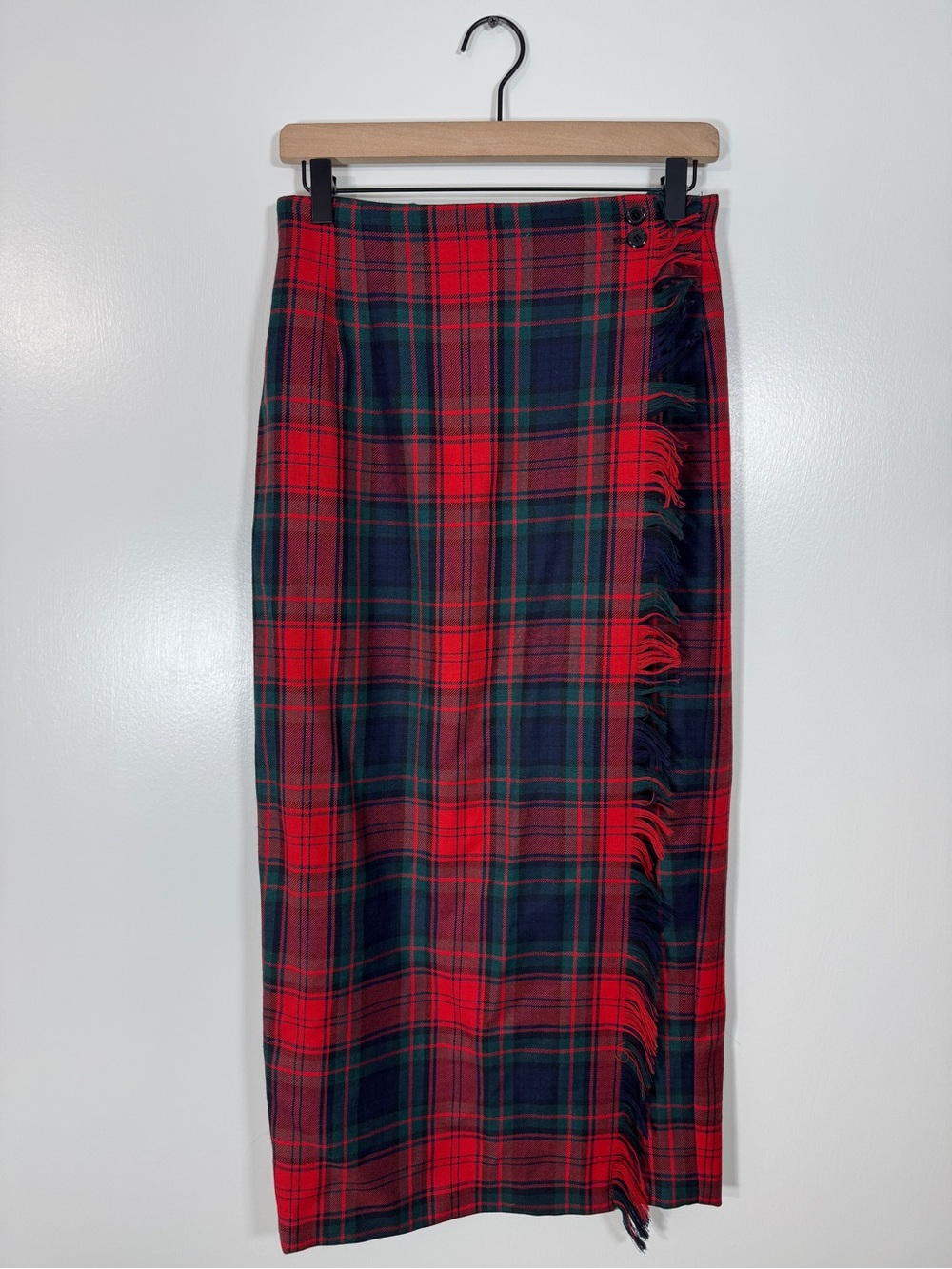 WSK77 {Rafaella} 100% Wool Vintage Red Green Holiday Tartan Plaid Maxi Skirt